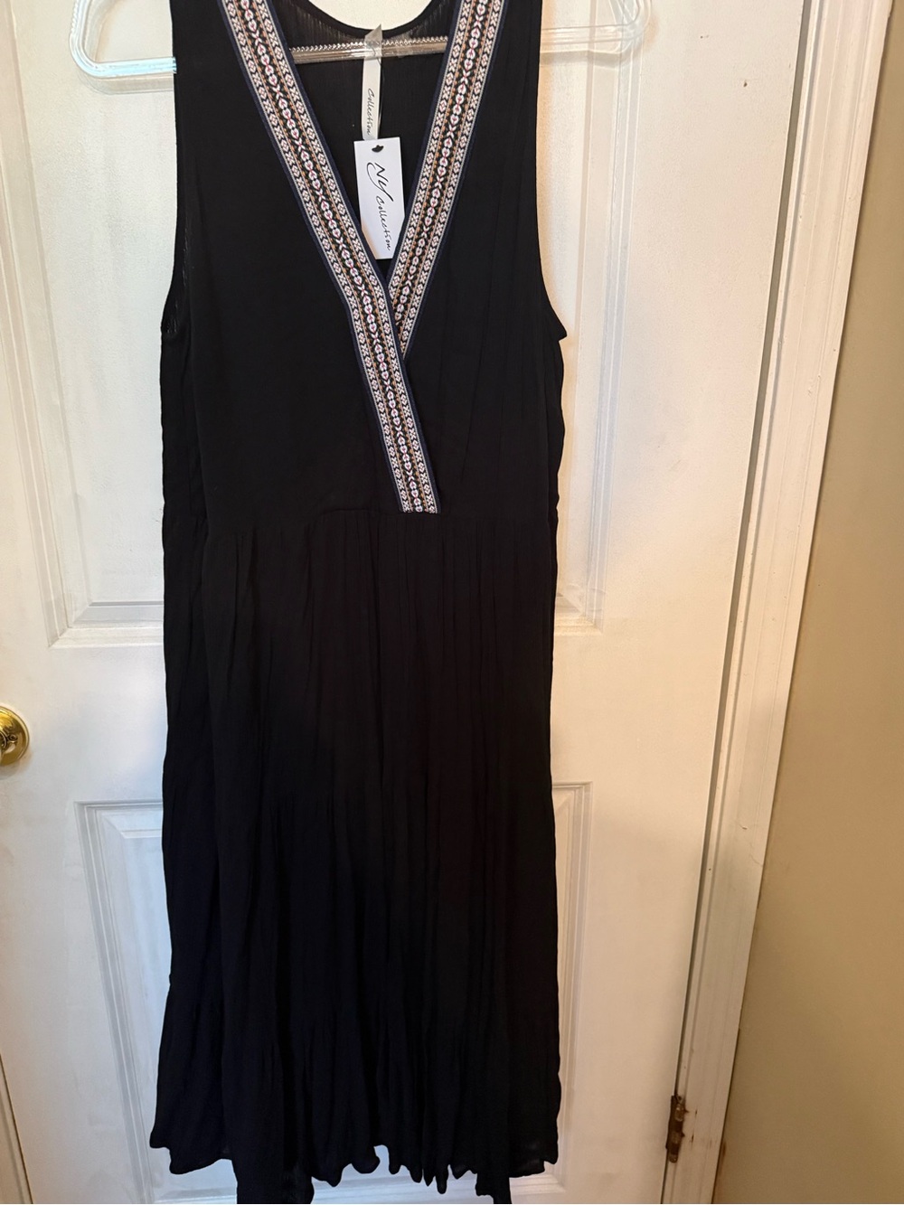 NY Collection Black Sleeveless V-Neck Midi Dress with Embroidered Trim